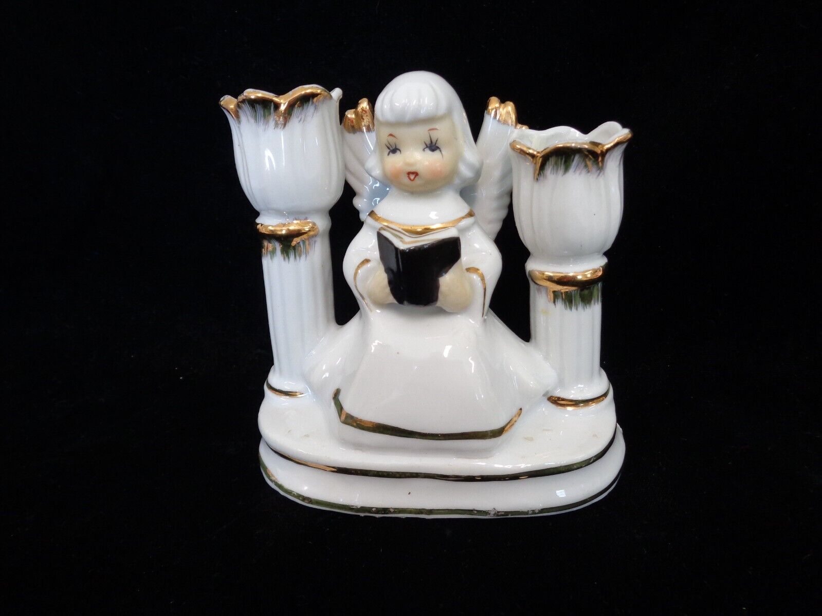 Vintage Enesco Porcelain Angel Singing Double Candlestick Figurine - Christmas