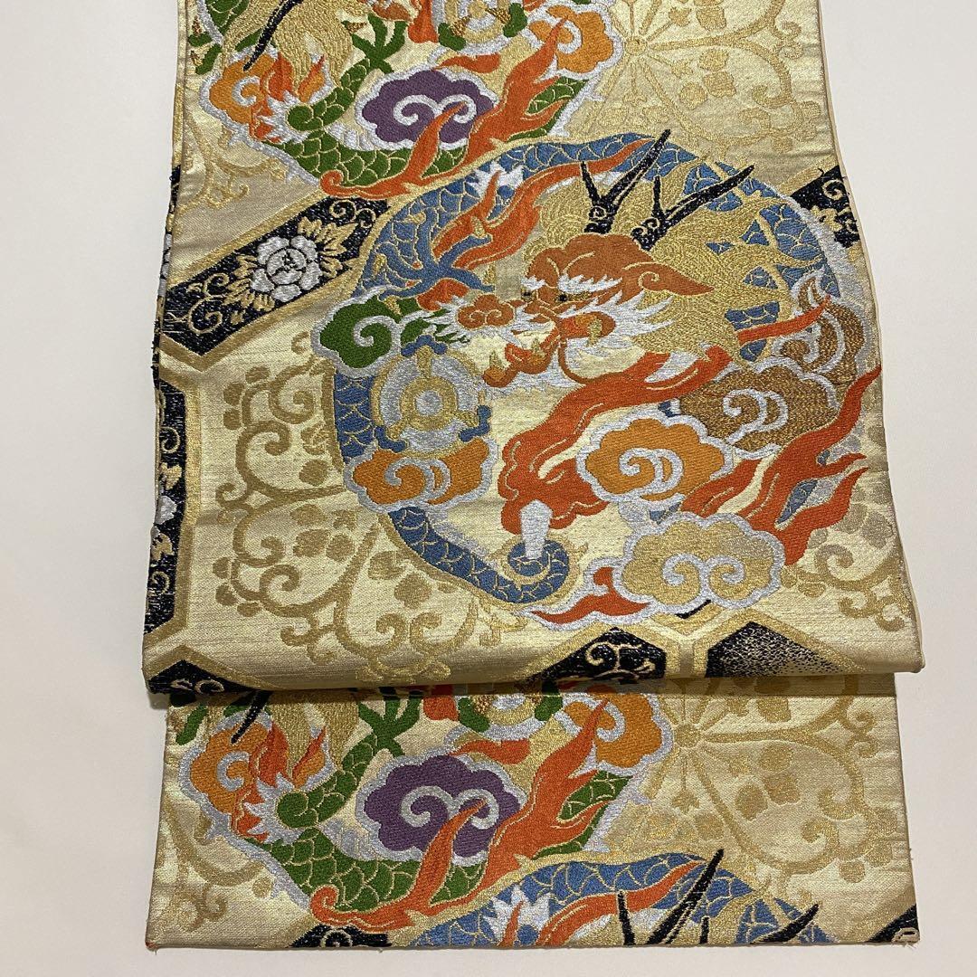 Japanese Antique Taisho Nagoya Obi Maruryu Beige Gold Thread