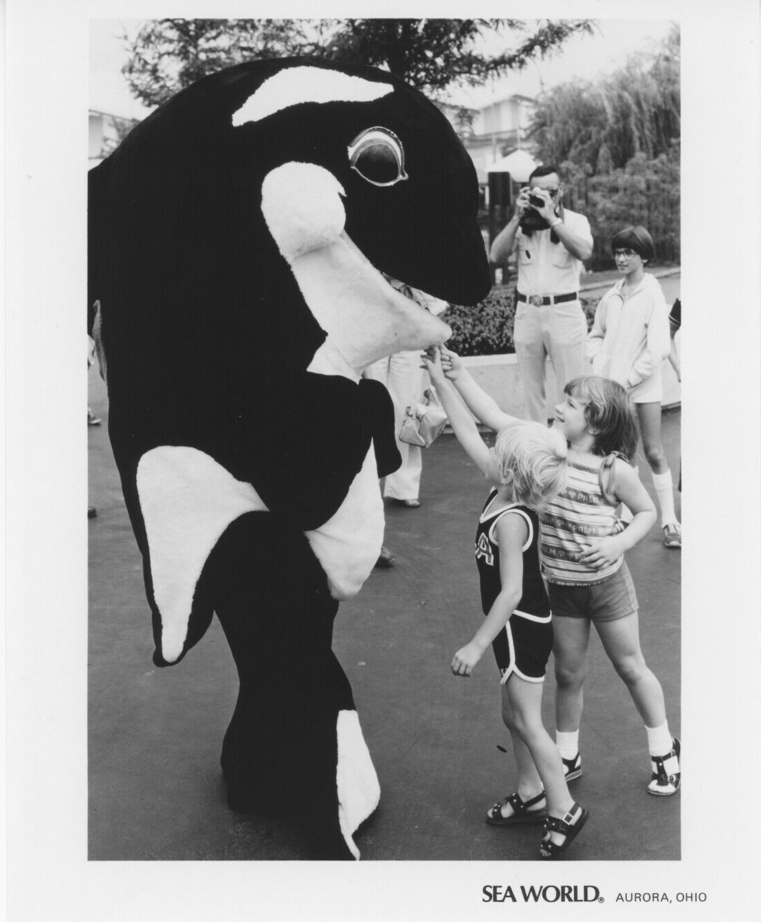 1985 Press Photo Sea World Aquarium Aurora Ohio Shamu Whale Character Kids 8x10