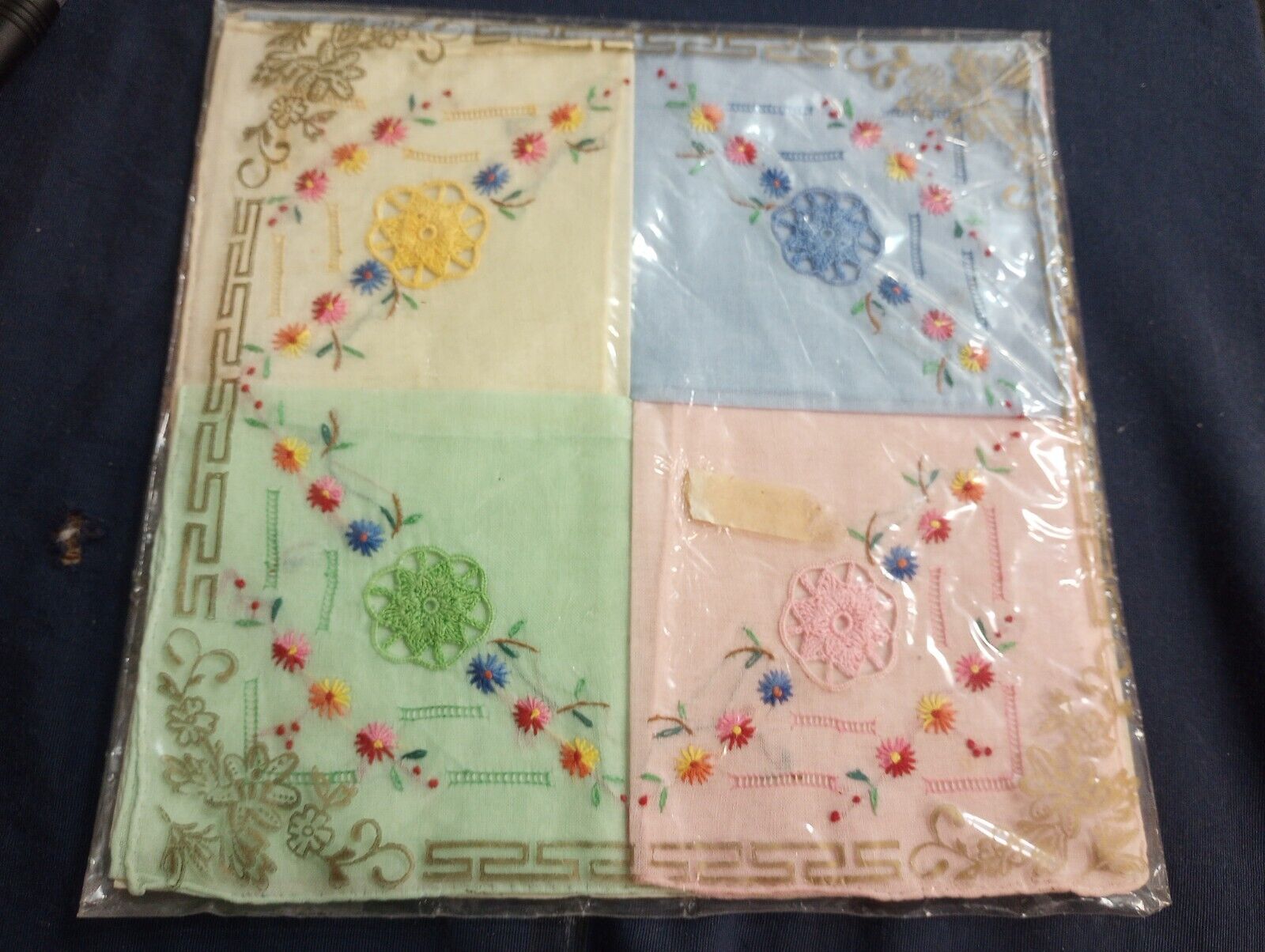 4x Vintage Hand Embroidered Hankies in Original Package Colorful