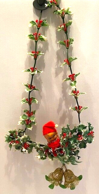 Vintage Christmas Elf/Pixie Sitting on a Holly and Mistletoe Vine w/Gold Bells