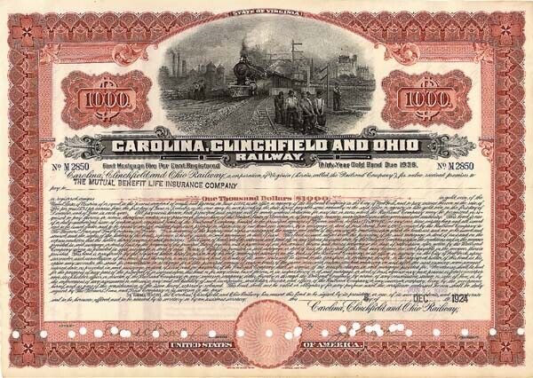 Carolina Clinchfield and Ohio Railway - $1,000 Bond - Railroad Bonds