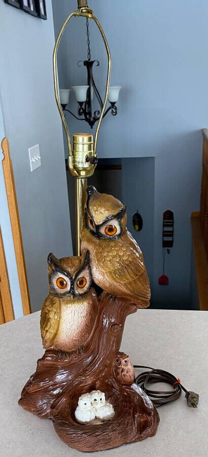 Vintage 2 Owls with Owlets/Nestlings Lamp Chalkware MCM Rare Cute Tested Working