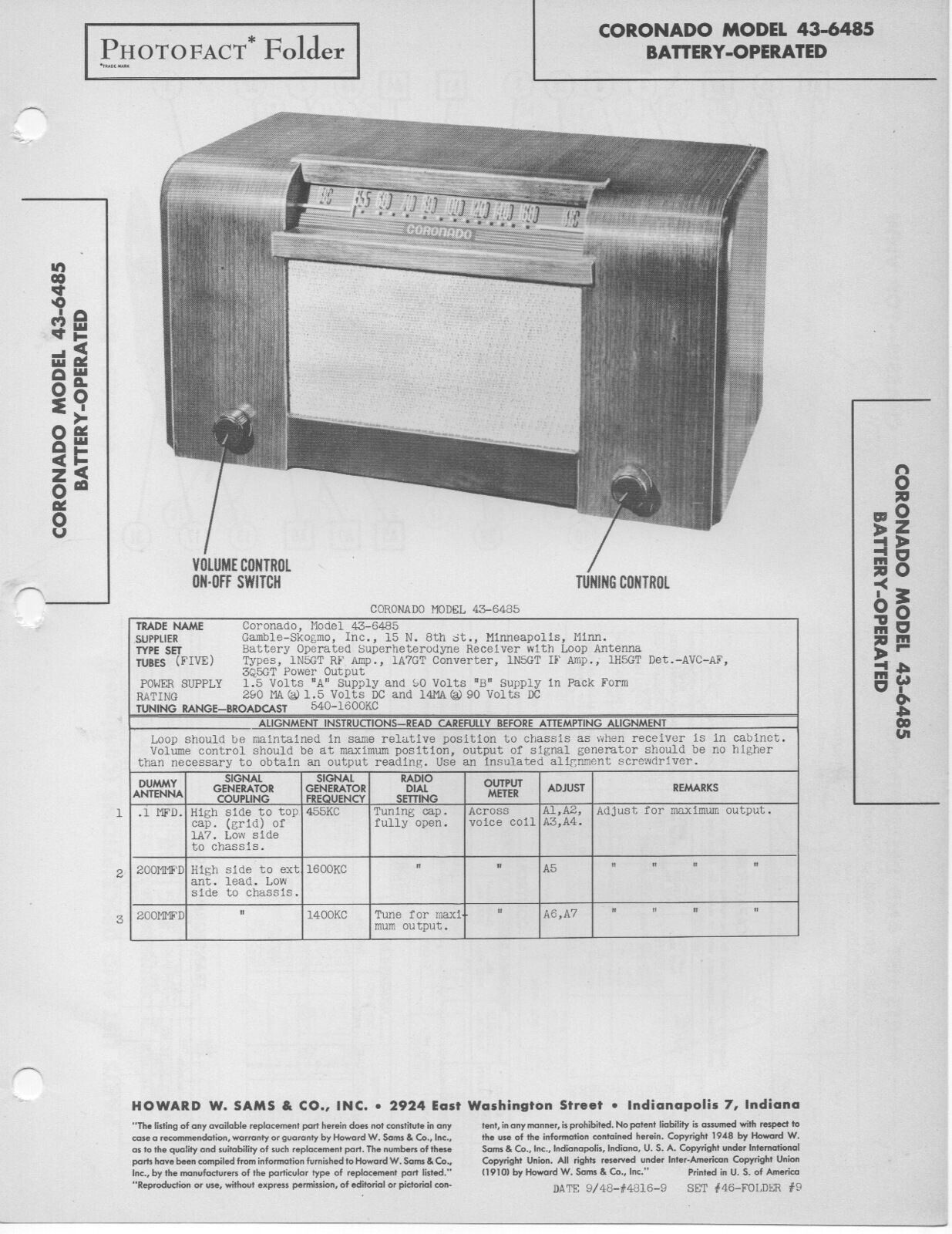 1948 CORONADO 43-6485 RADIO SERVICE MANUAL PHOTOFACT SCHEMATIC TUBE REPAIR FIX