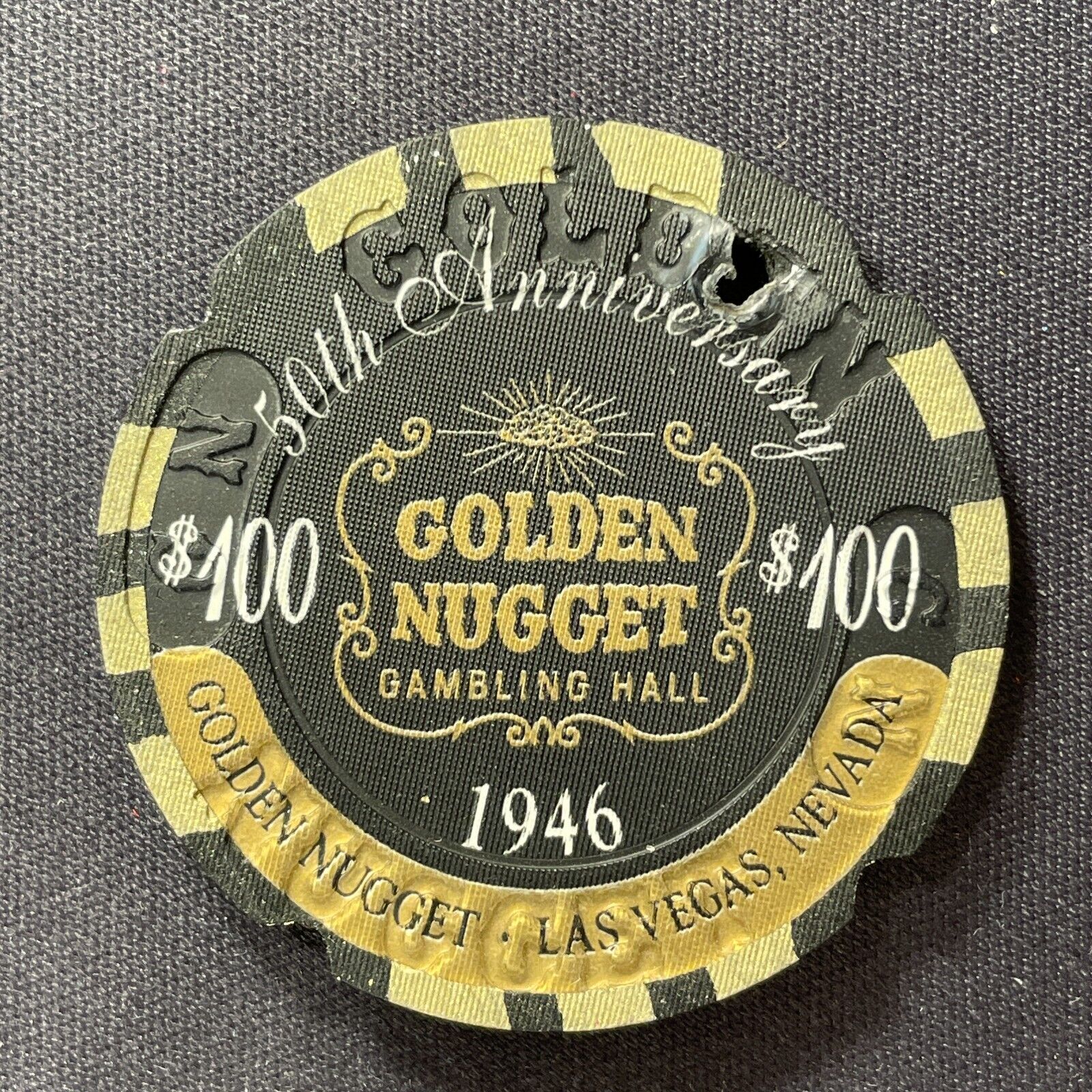 Golden Nugget Las Vegas $100 casino chip 50th anniversary notched HL