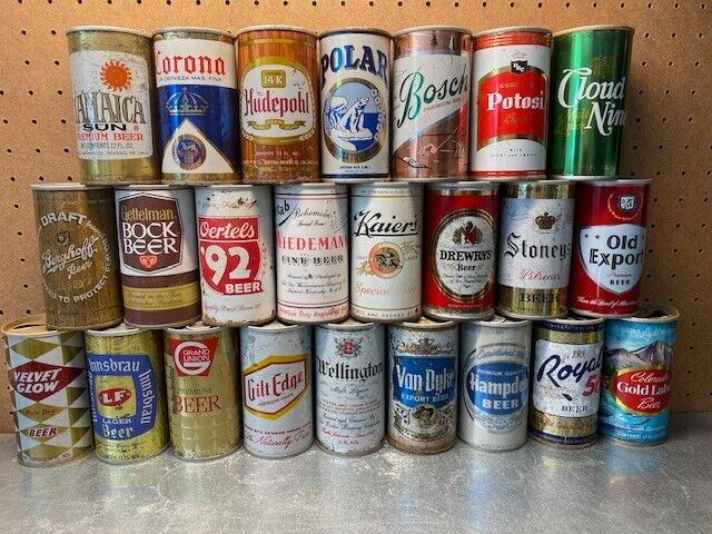 Set of 24 different straight steel 12oz. empty pull tab zip top beer cans lot 2