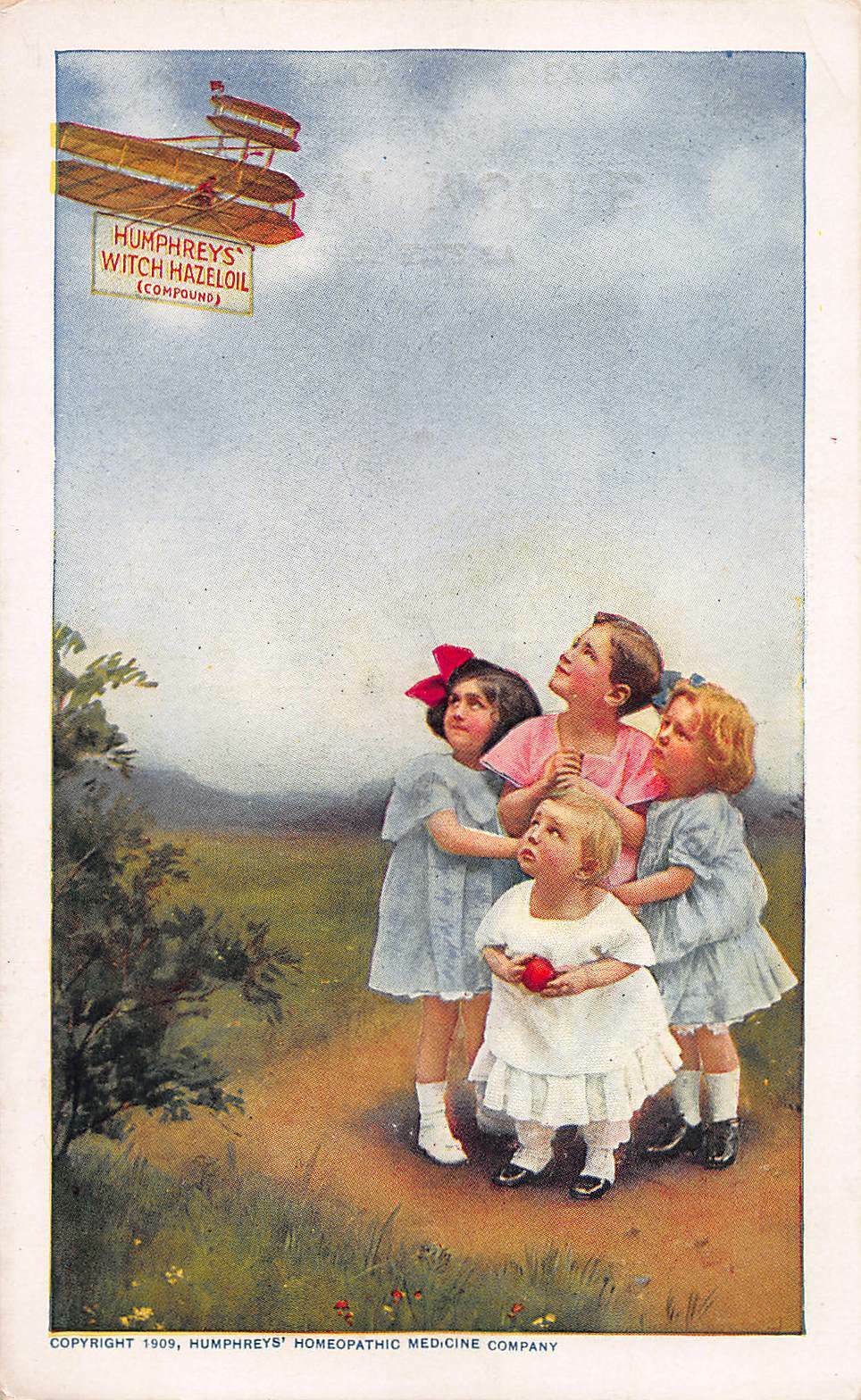 Humphrey's Witch Hazel Oil, 1909 Postcard,  Unused, 4 Children & a Bi-Plane