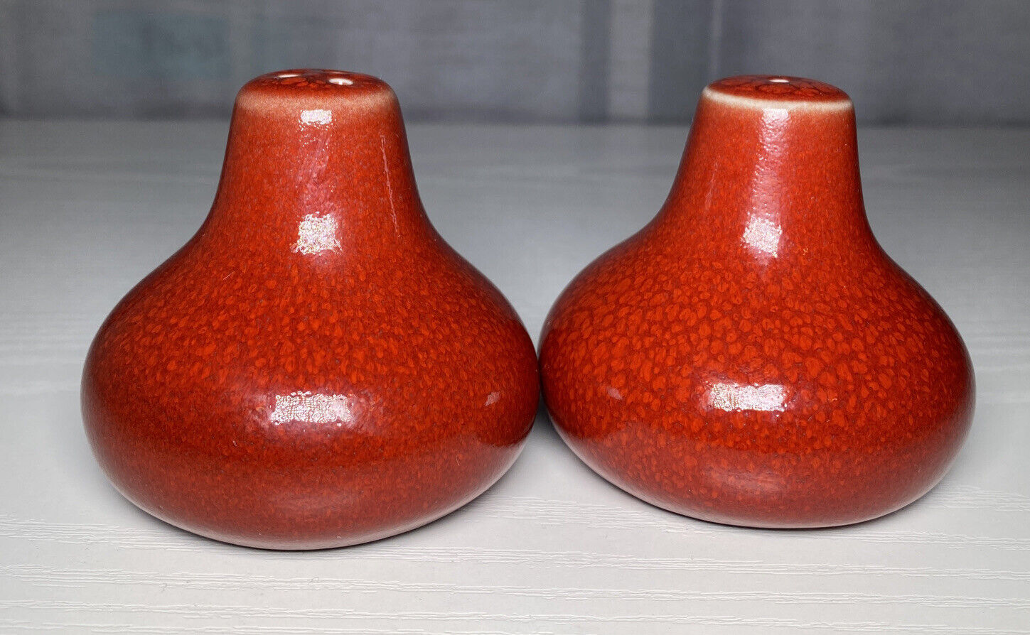 Jars France TOURRON CERISE Red Orange Salt Pepper Set Reactive Glaze 2.5”- Set 2