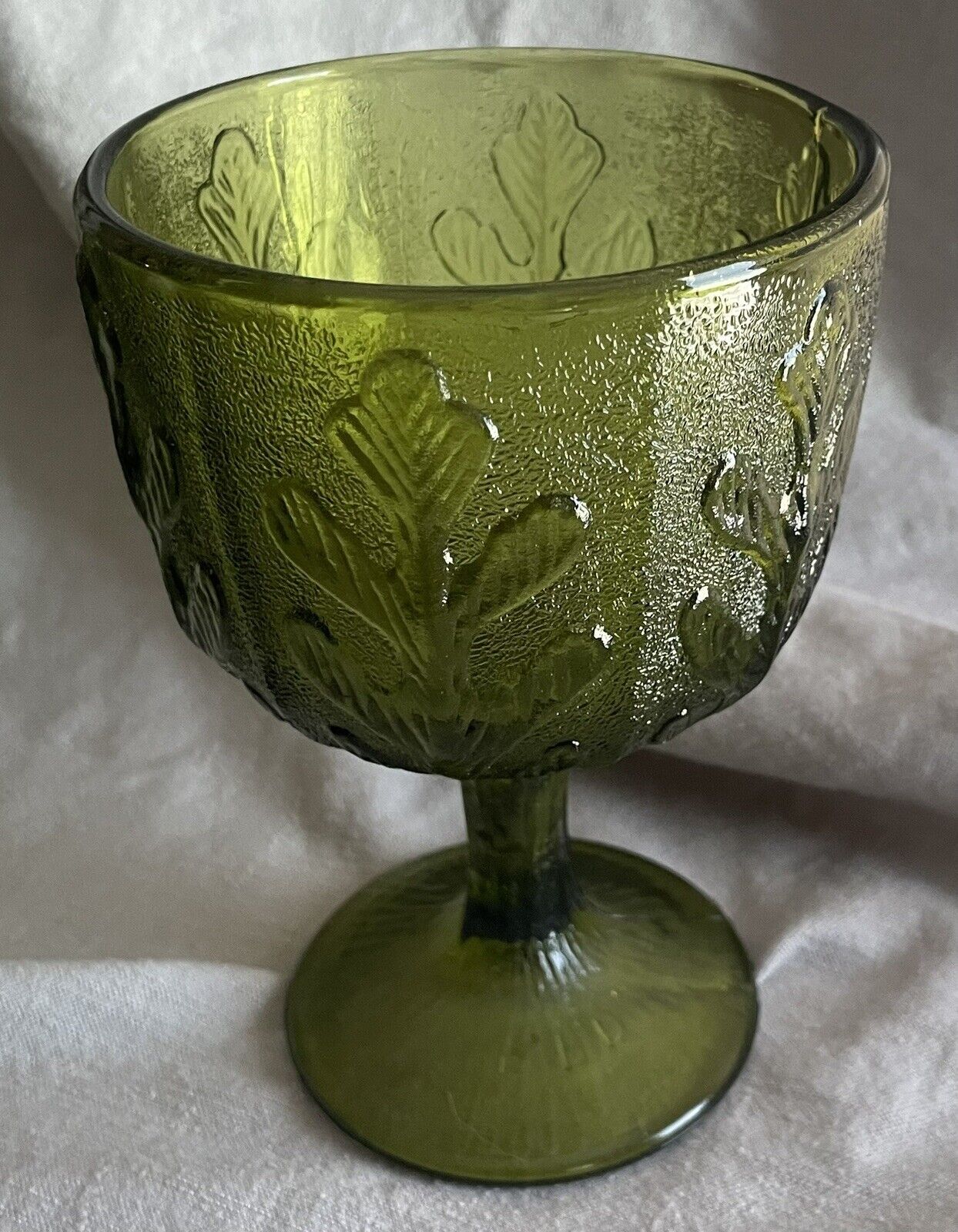 Vintage FTD 1975 Olive Green Glass Goblet/ Vase Raised Oak Leaf Pattern