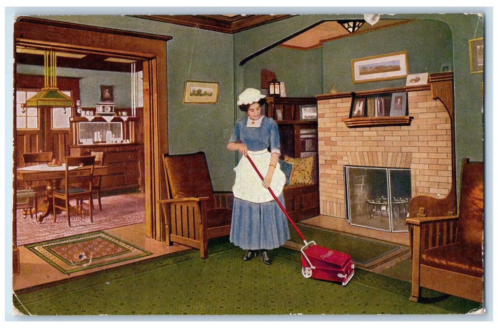 Arts Crafts House Interior Woman Vacuum Advertising Peoria Illinois IL Postcard