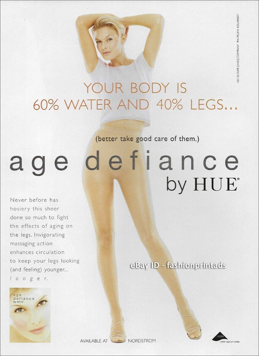 vintage HUE Hosiery 1-Page AD 1999 woman\'s legs ankles feet thighs in stockings