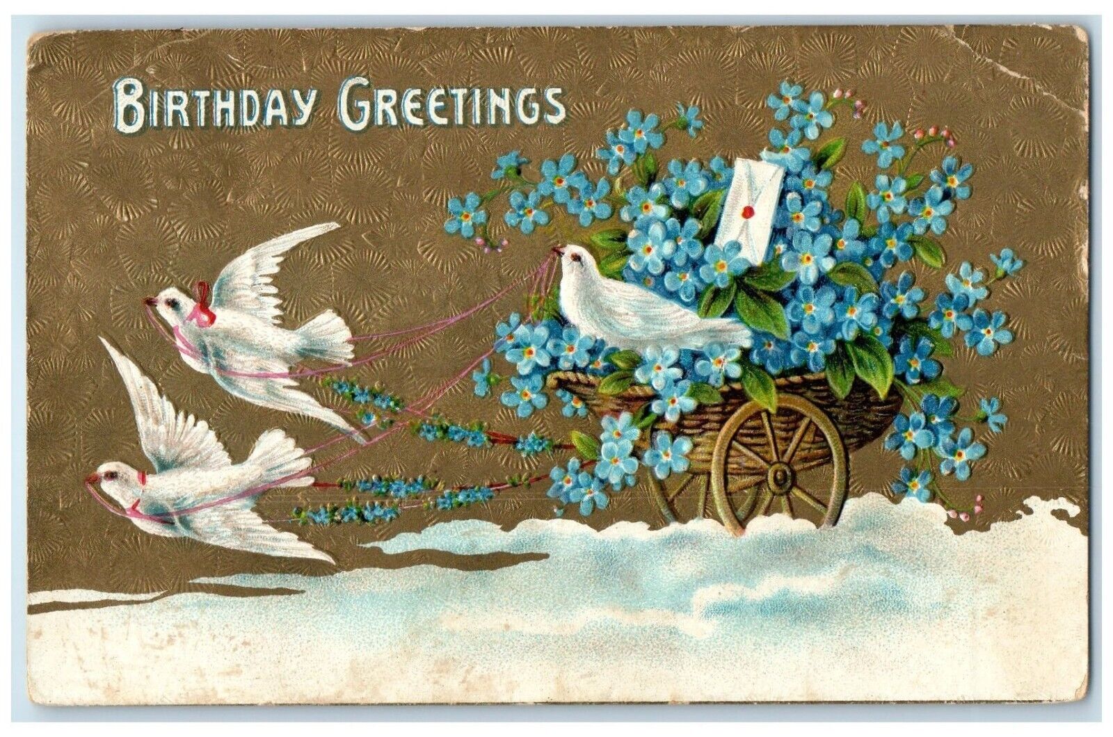 1912 Birthday Greetings Dove Pansies Flowers In Cart Thorpe Iowa IA Postcard
