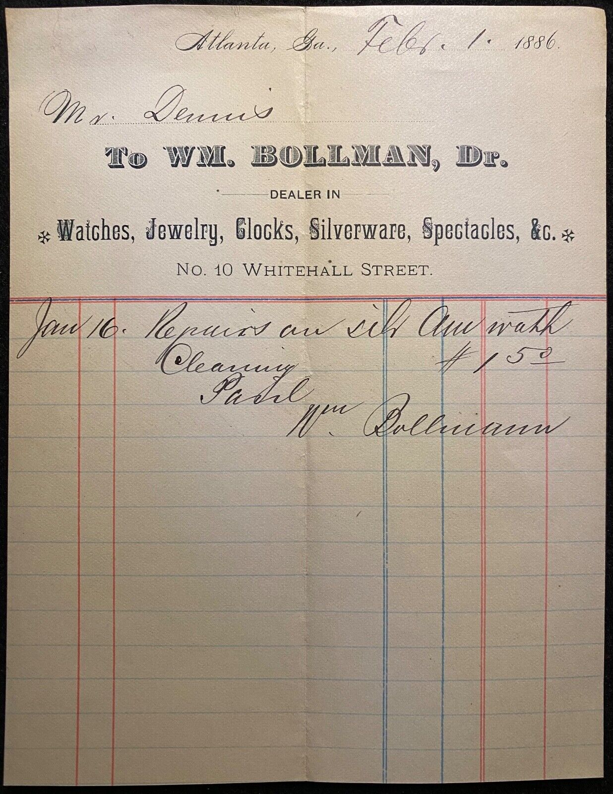1886 **WILLIAM BOLLMAN** (DEALER: WATCH, JEWELRY, CLOCKS) ATLANTA, GA BILLHEAD