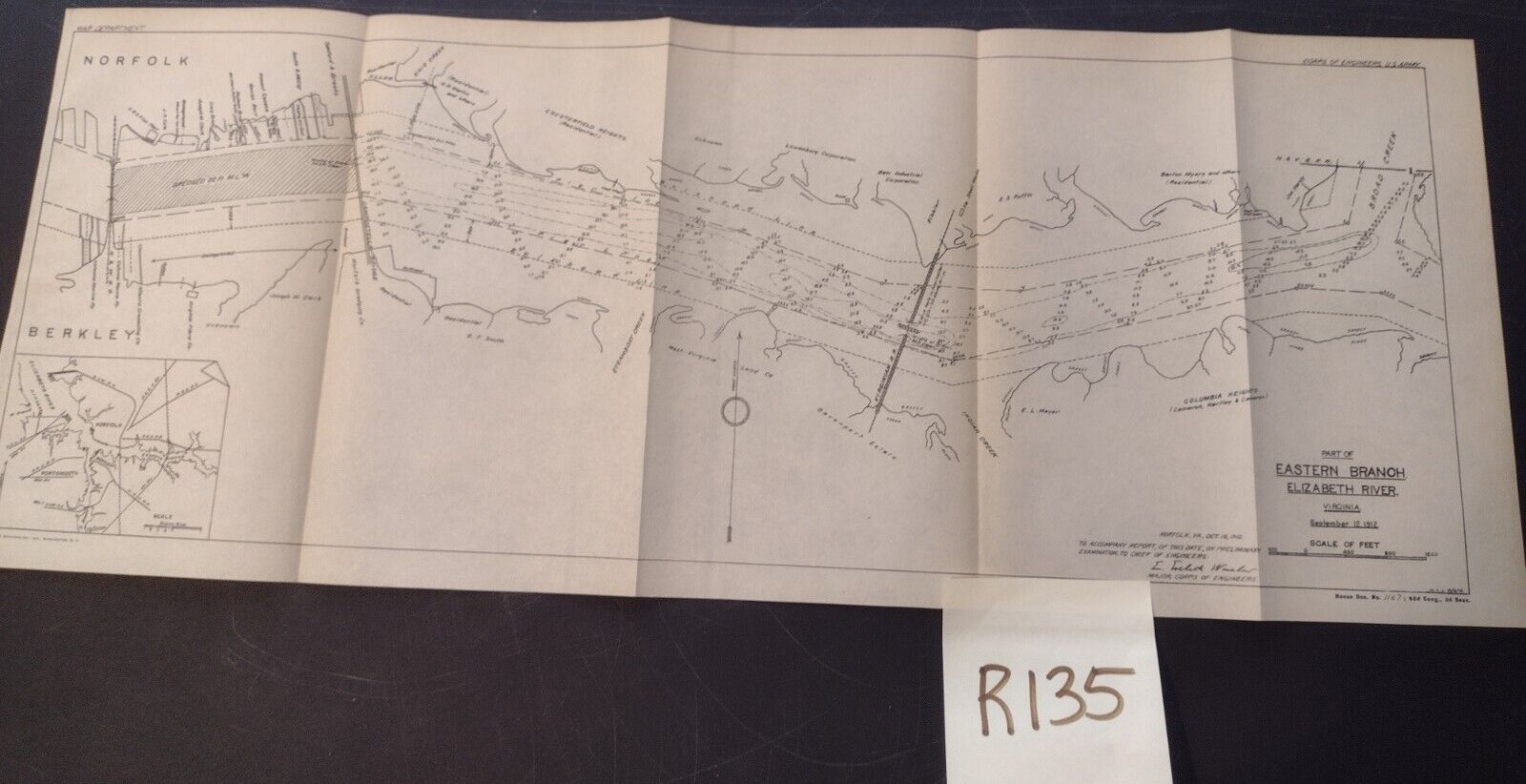 1912 East Branch Elizabeth River Berkeley Norfolk VA Army Engineering Sketch Map