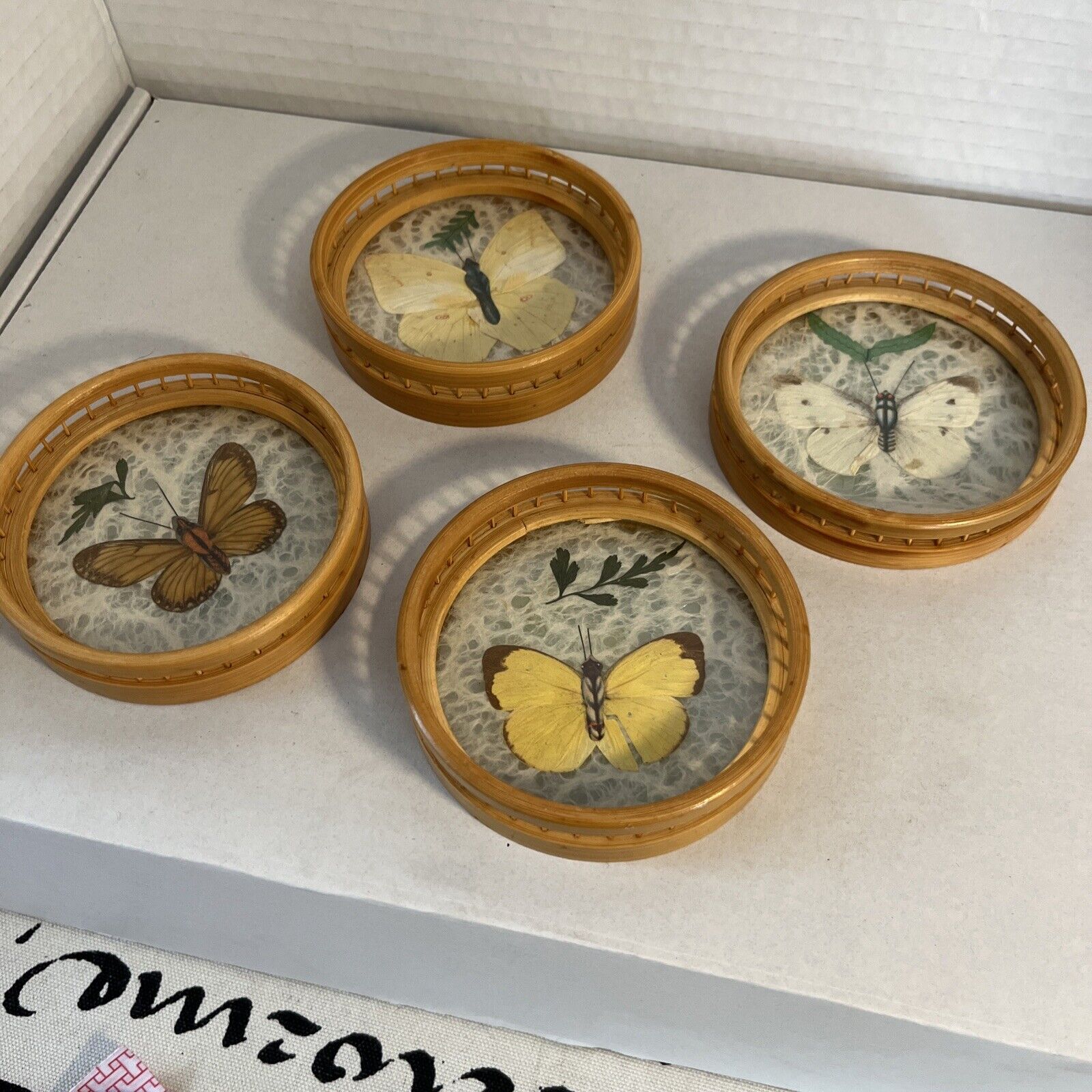 Vintage Pressed Butterfly Rattan Lace Natural Coasters Set 4
