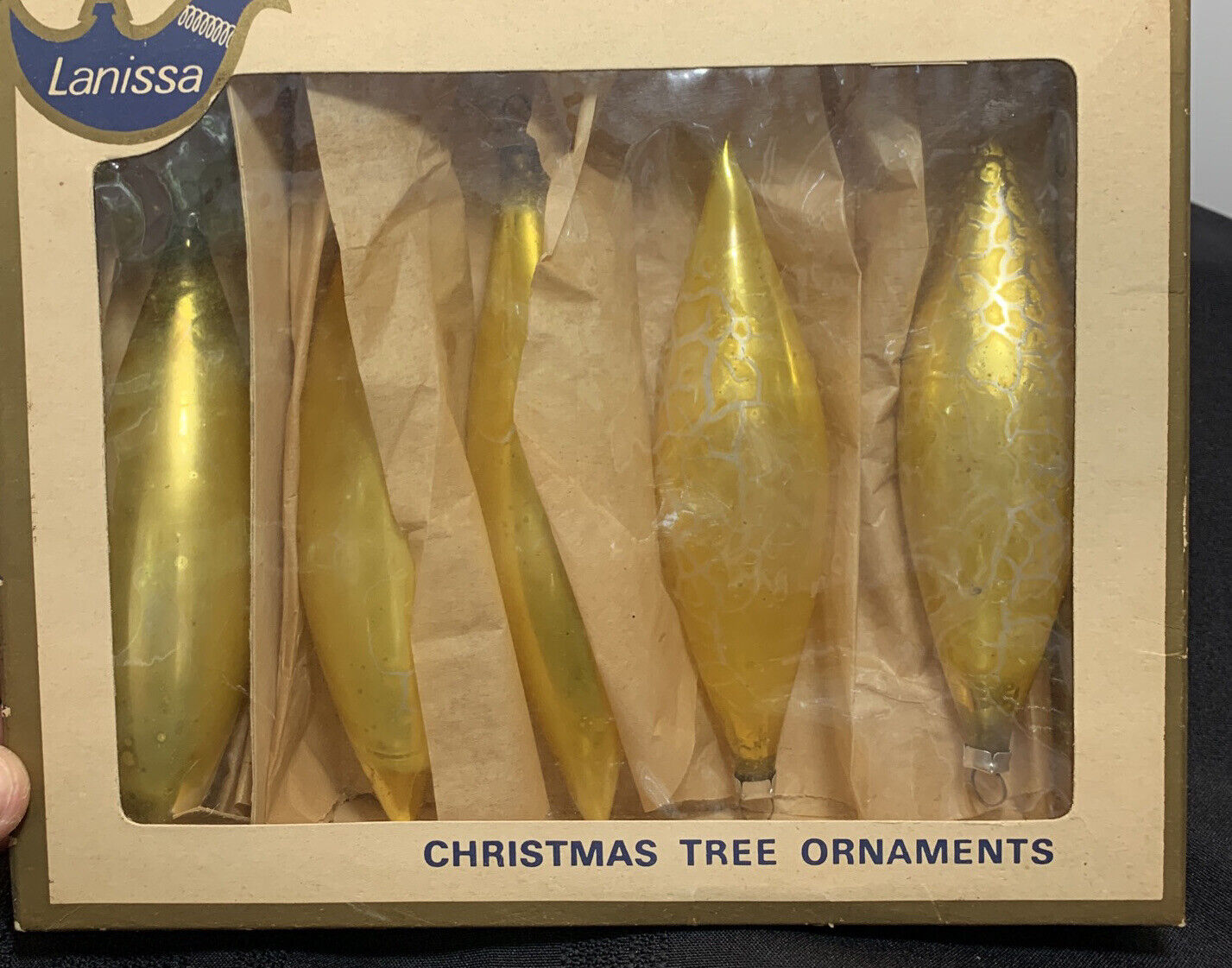 Vintage Lanissa Shiny Brite Golden Yellow Tear Drop Ornaments West Germany Set 5