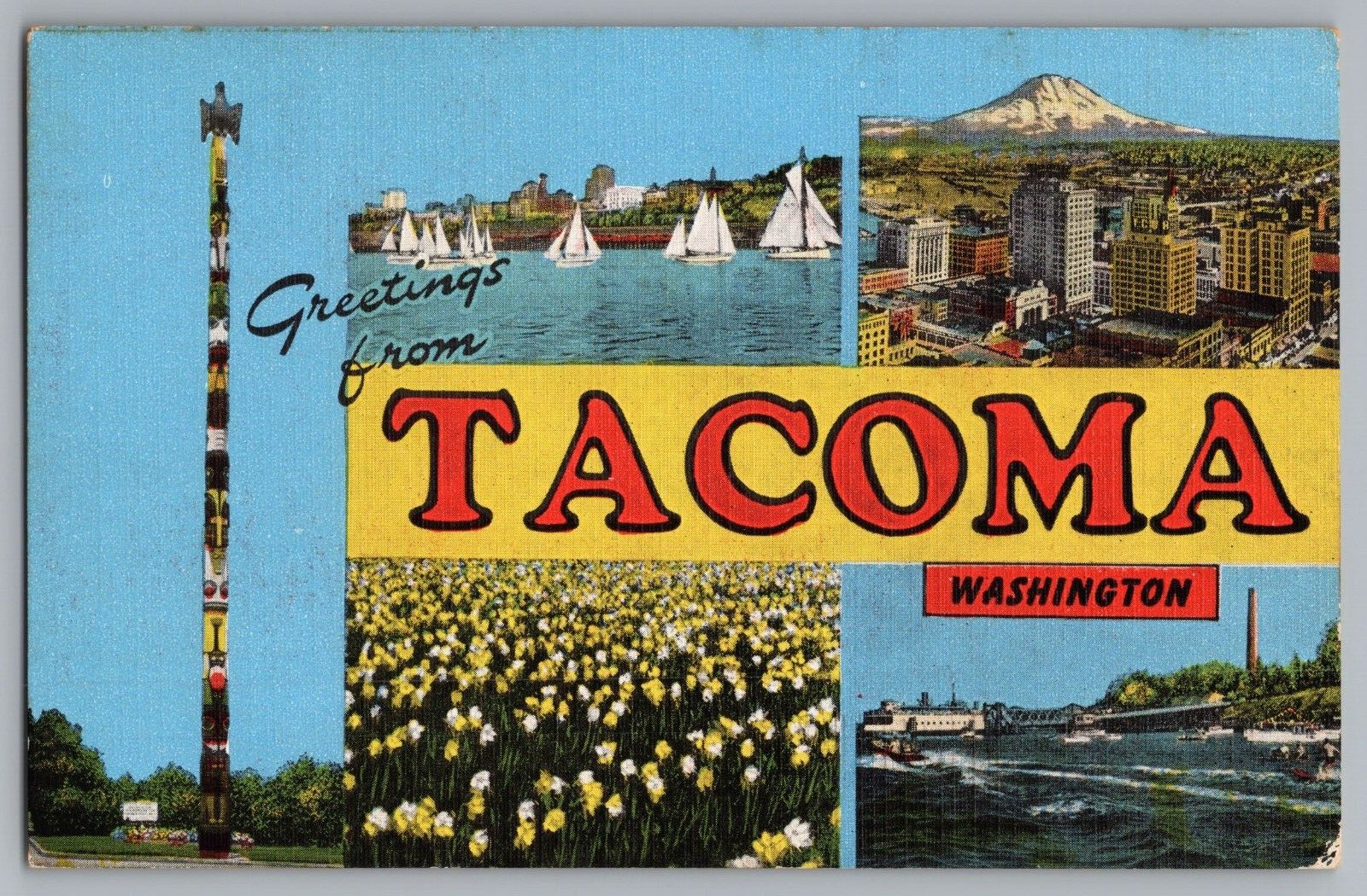 Postcard Greetings From Tacoma, Washington, Large Letter - Totem Pole