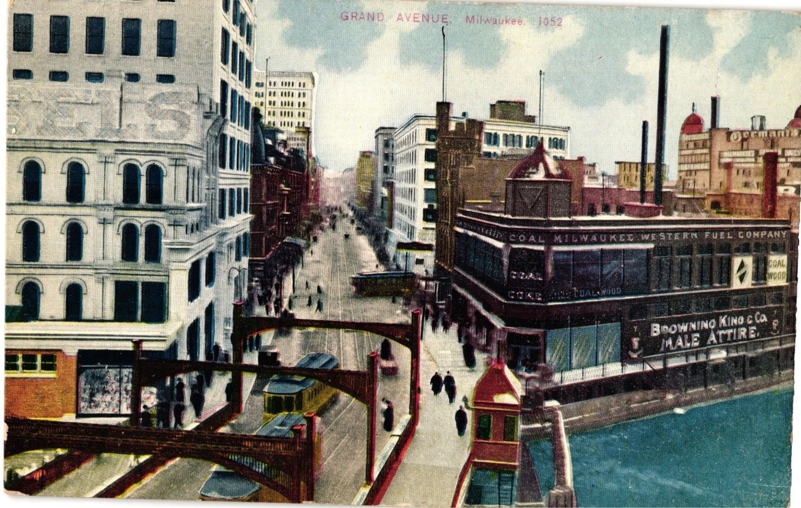 Grand Ave Streetcars Shops Bridge Milwaukee WI Divided Unposted Postcard c1910s