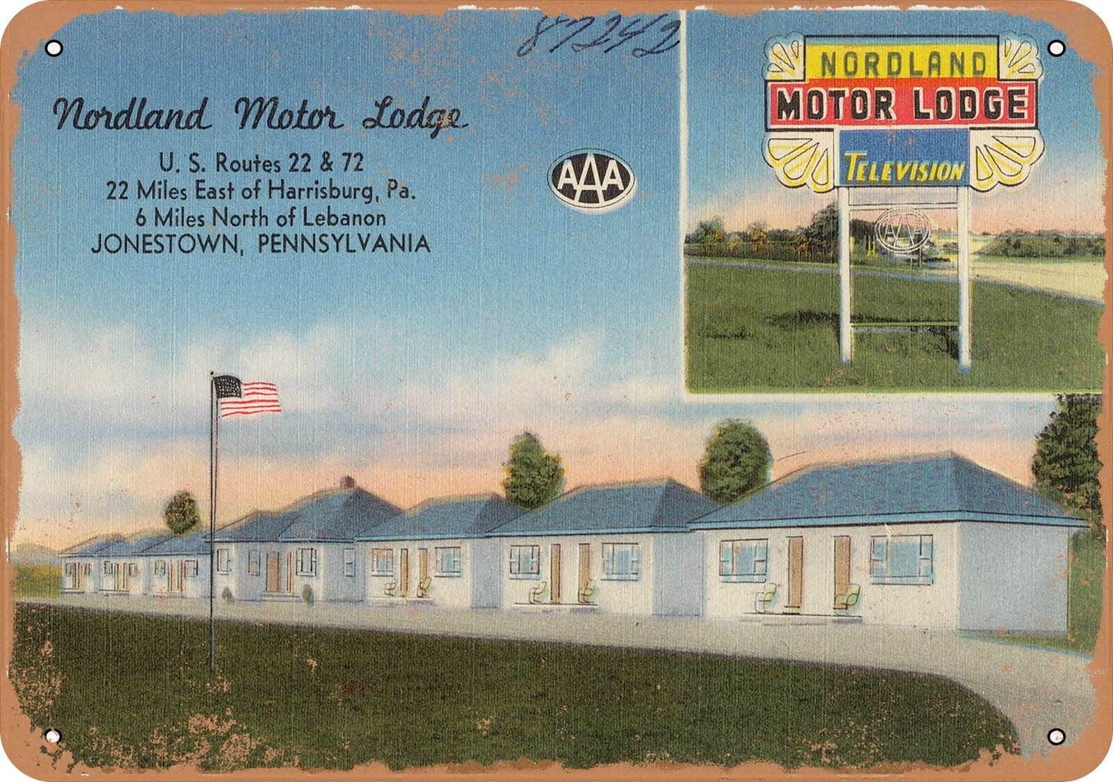 Metal Sign - Pennsylvania Postcard - Nordland Motor Lodge, U.S. Routes 22 & 72,