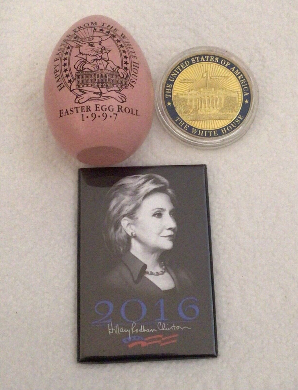 CLINTON WHITE HOUSE EASTER PINK EGG 1997 + HILLARY 2016 CAMPAIGN BUTTON DEMOCRAT