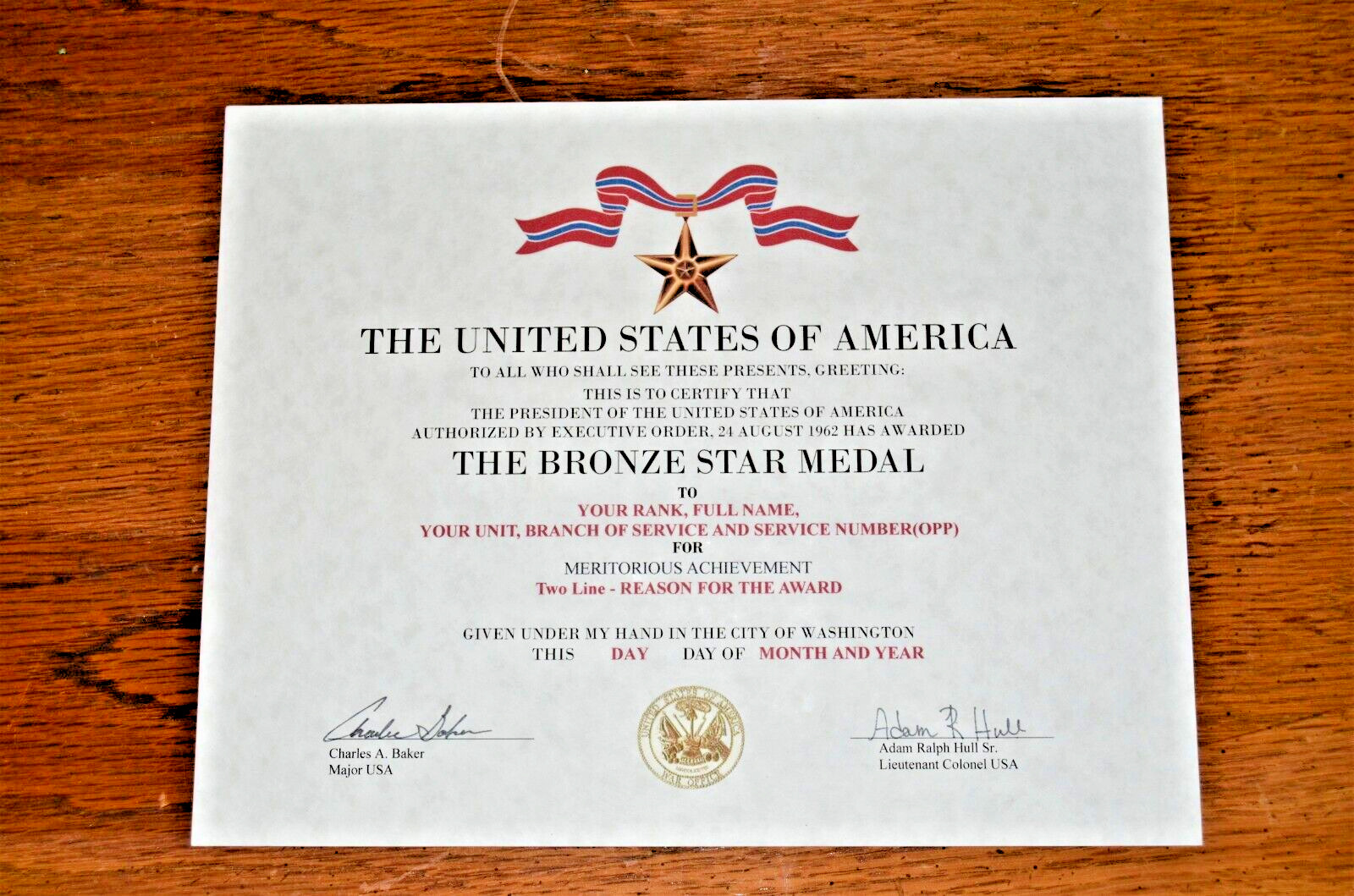 The Bronze Star Medal Replacement Certificate
