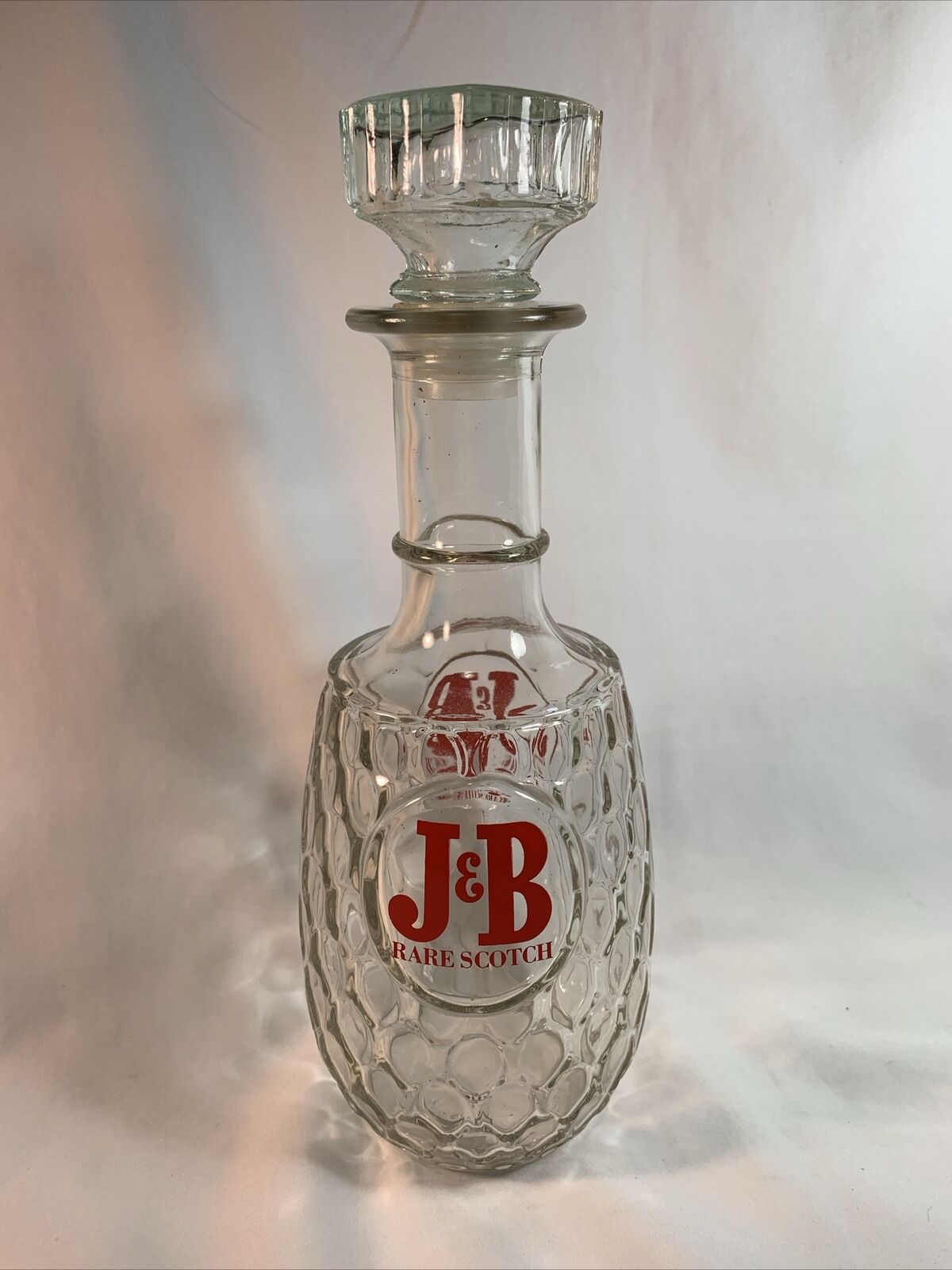 Vintage J&B Rare Scotch Clear Glass Decanter Bottle Dimpled with Stopper