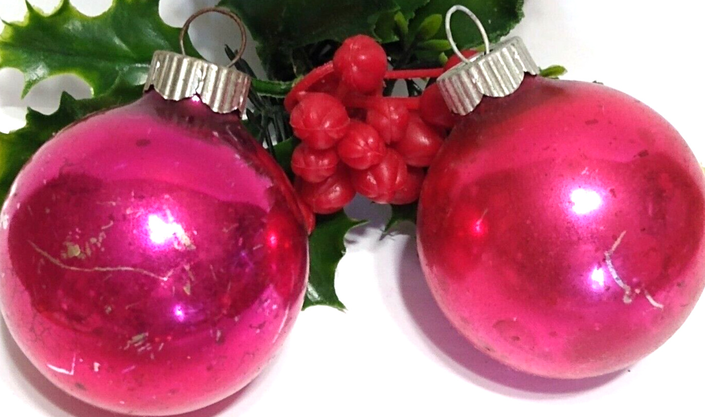 Pink SHINY BRITE Glass Christmas Ornament Balls Lot of 2 crackled paint