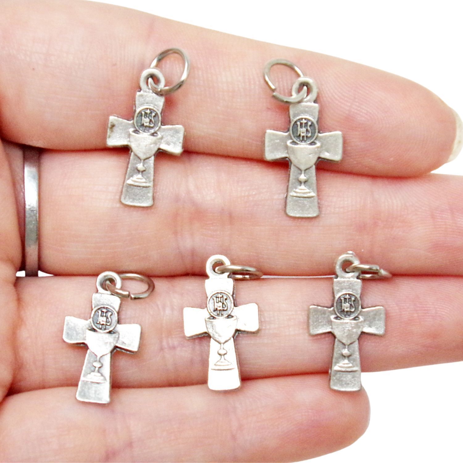Lot of 5 First Communion Chalice Cross Silver Tone Pendant Medals Rosary Parts