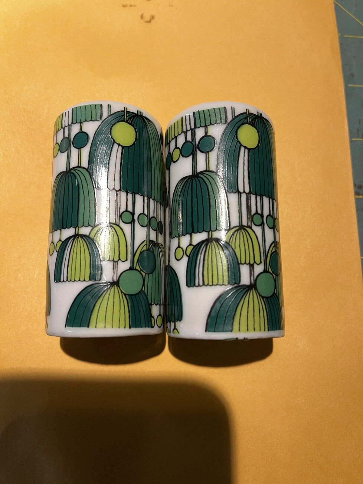 1960s Funky Green Lamp Shade with Tassels Design Salt and Pepper Shakers