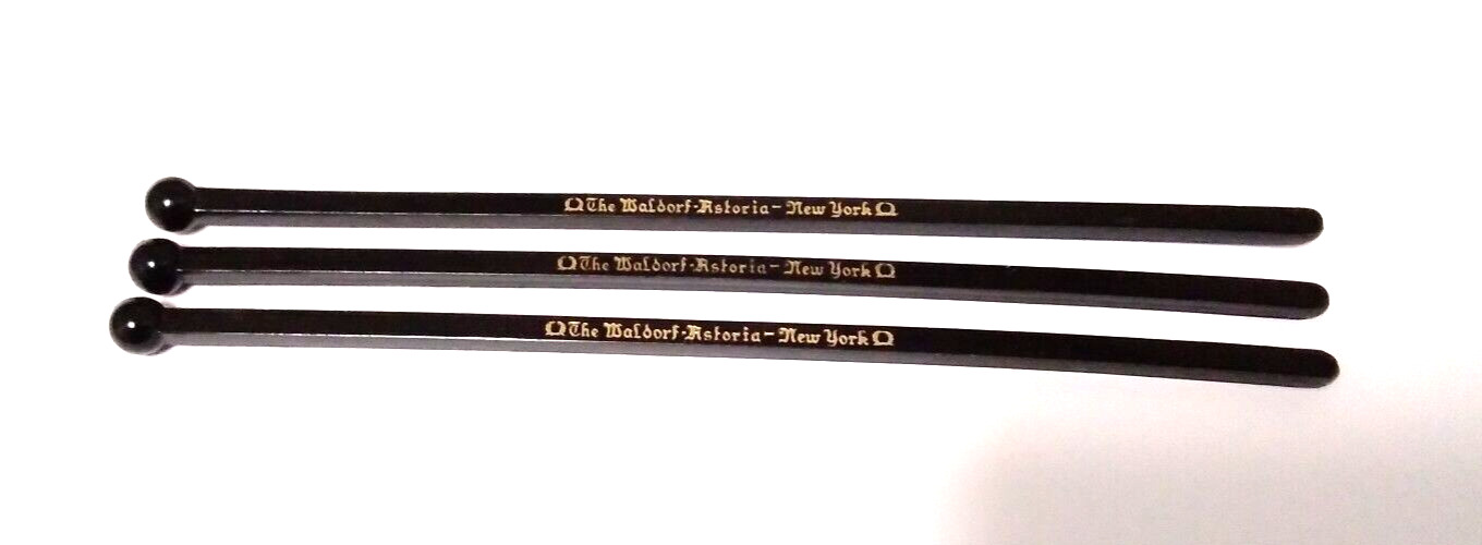 3 Vintage THE WALDORF-ASTORIA NEW YORK Black Plastic Script Logo Swizzle Sticks