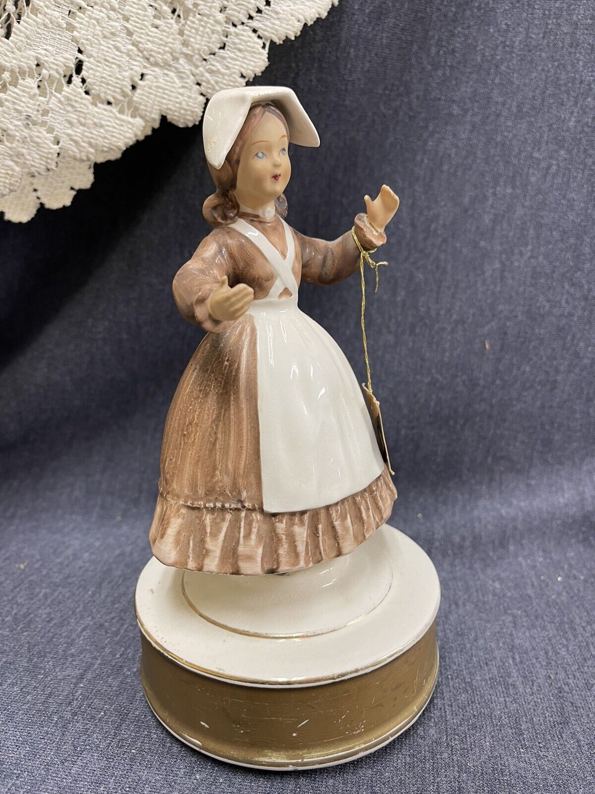 Vintage Schmid Music Box (God Bless America) - Porcelain Pilgrim Girl Doll