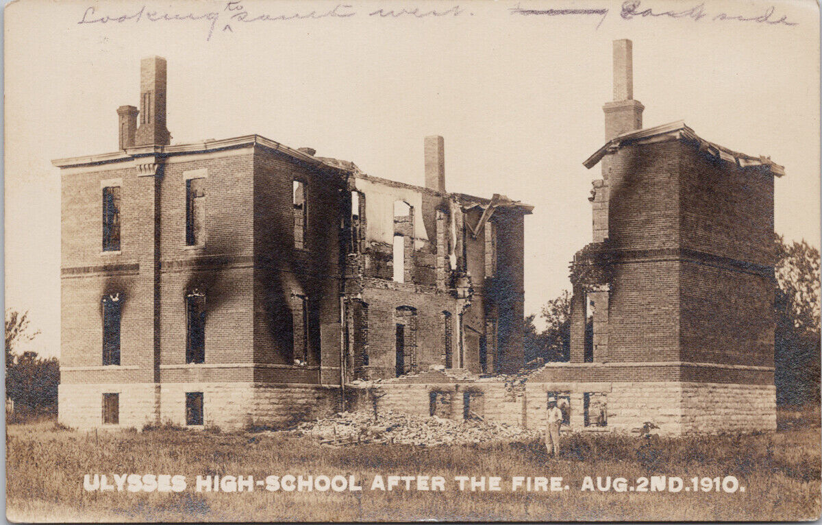 Ulysses NE Ulysses High School after Fire August 1910 RPO RPPC Postcard G86
