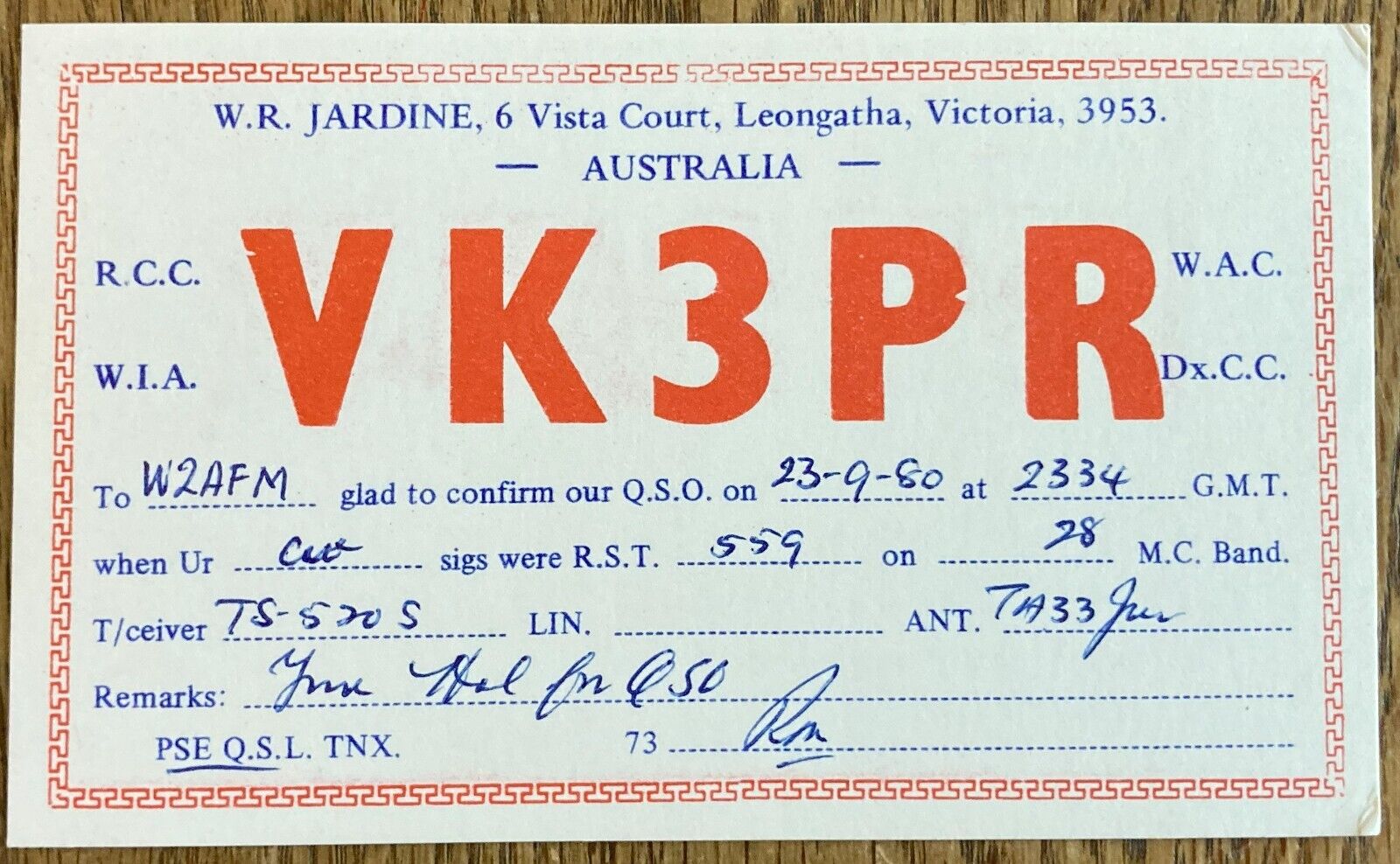 QSL Card - Victoria Australia  W.R. Jardine  VK3PR  1980 Postcard