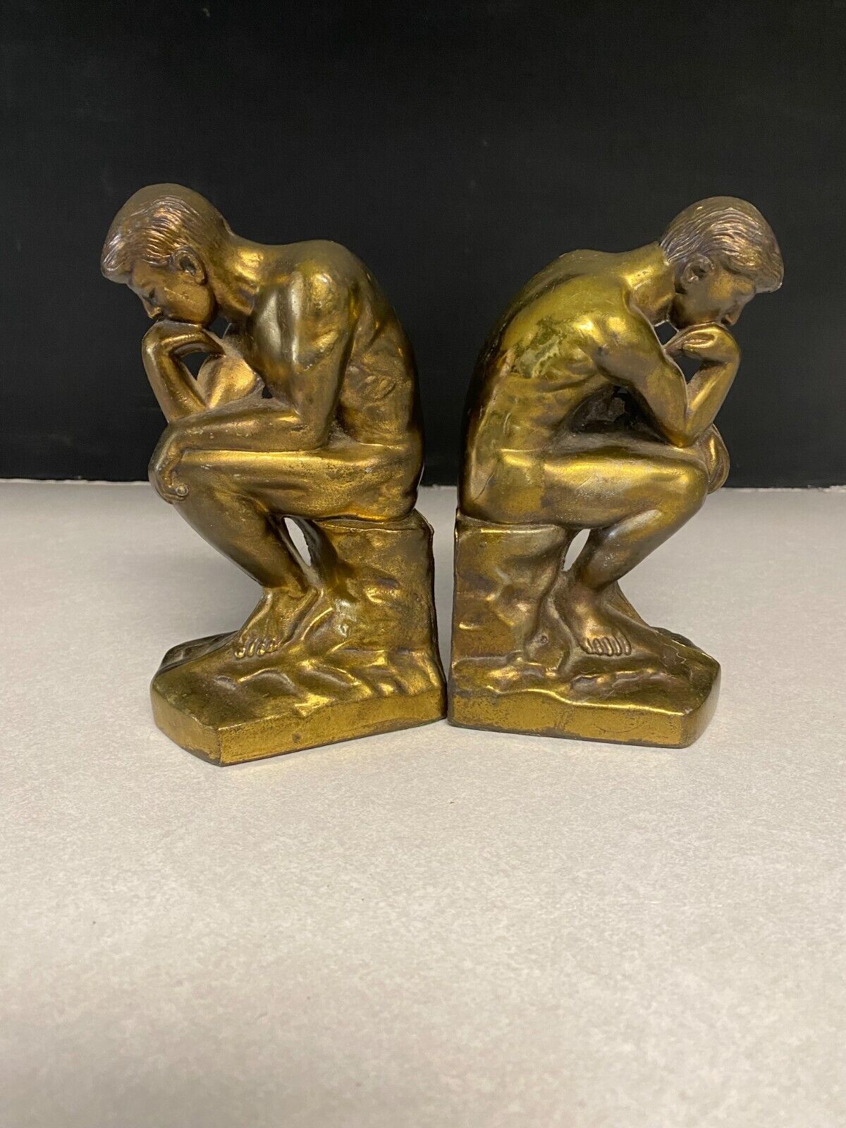 The Thinker  Brass Finish Metal Bookends   Vintage  C1928   Rodin   Thinking Man
