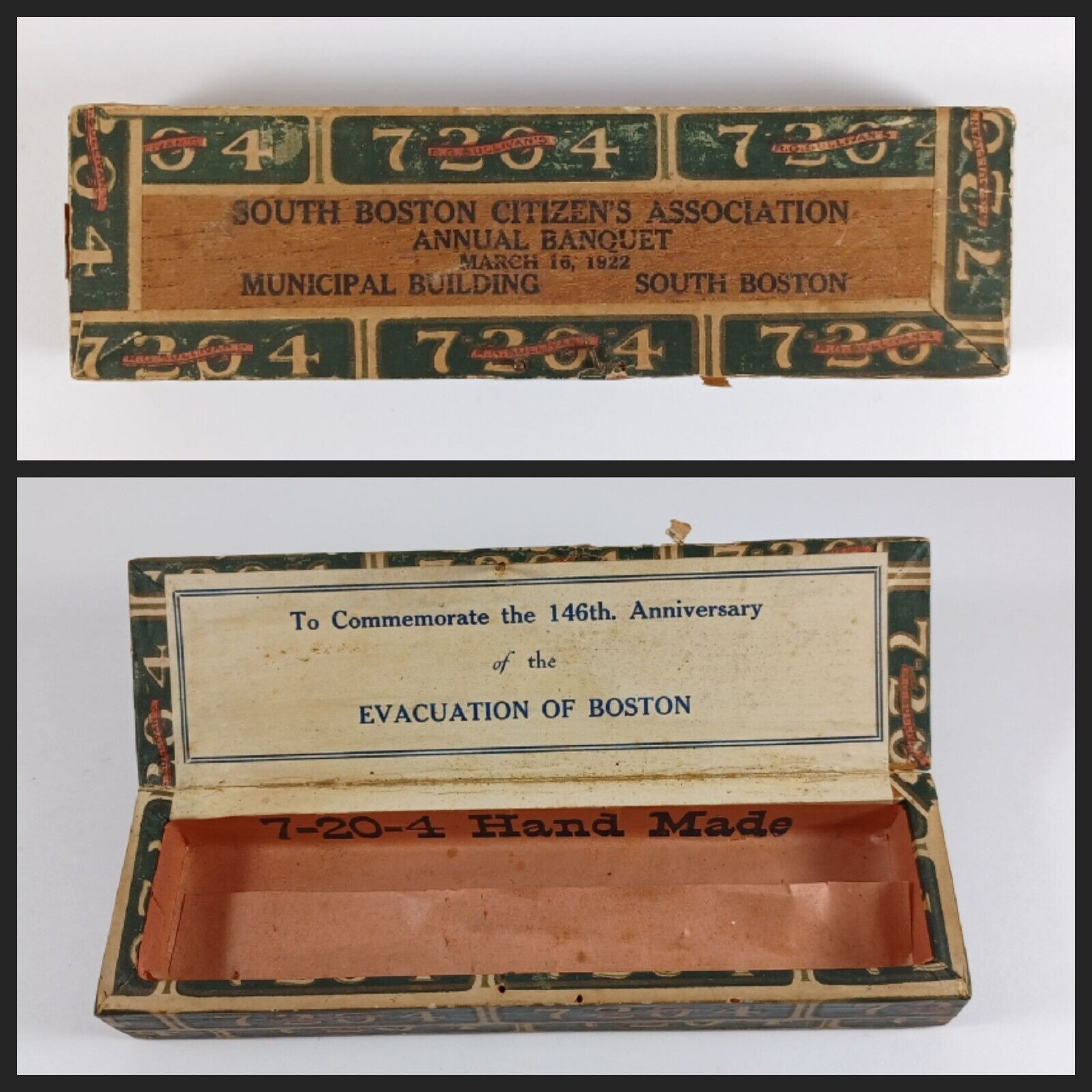 Antique 1922 Commemorative Evacuation Of Boston Banquet R.G Sullivan Cigar Box