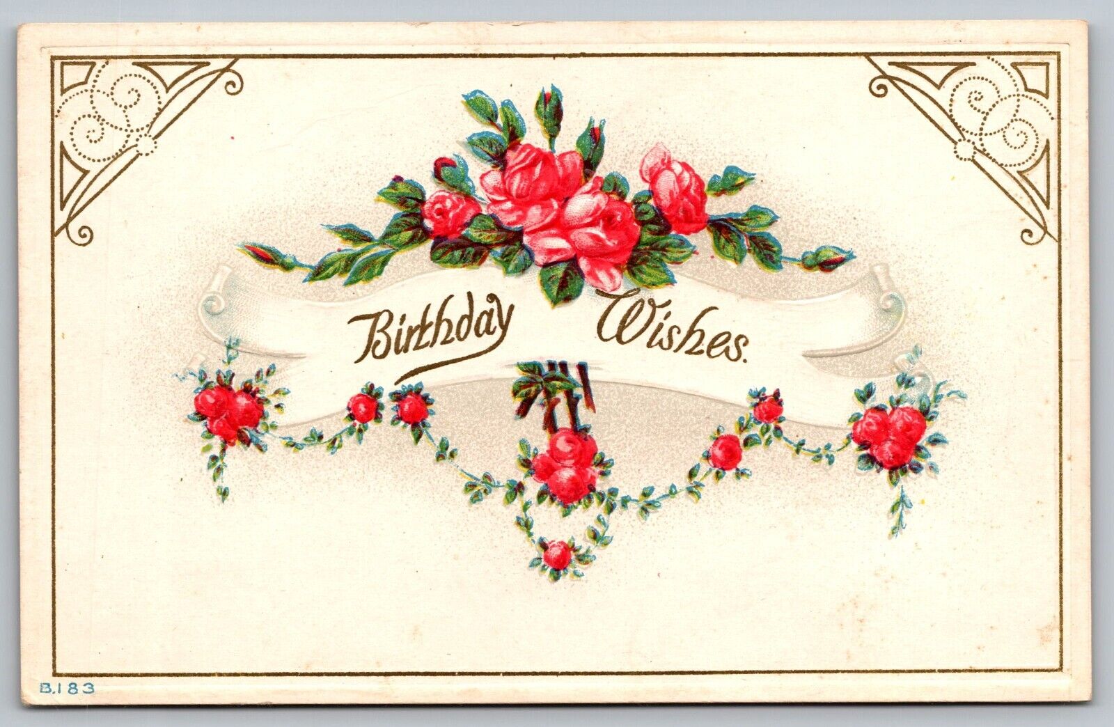Postcard Birthday Wishes Greetings With Embossed Red Roses VTG c1910   H18