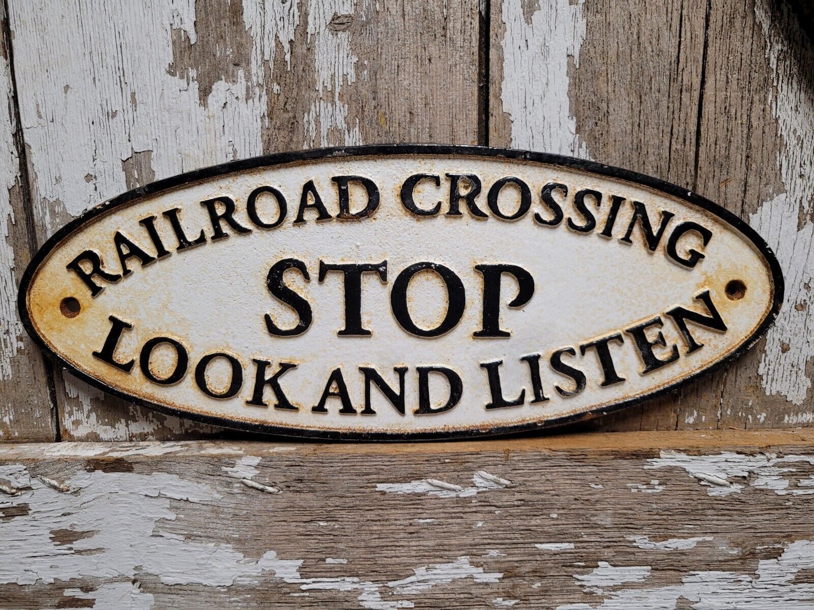 VINTAGE RAILROAD CROSSING SIGN CAST IRON STOP LOOK LISTEN TRAIN TRACK WARNING 