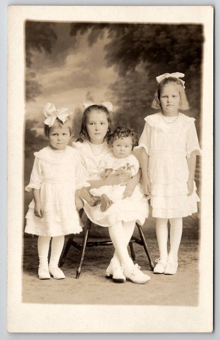 New Britain CT RPPC Edwardian Children Girls White Bows Baby Photo Postcard T21
