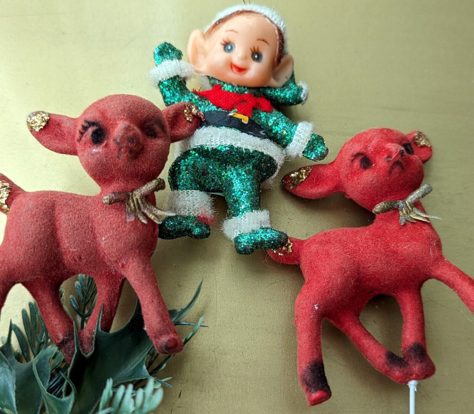 Vintage Flocked Reindeer Christmas Deer Lot Glitter Elf Kitsch Mid Century Holid