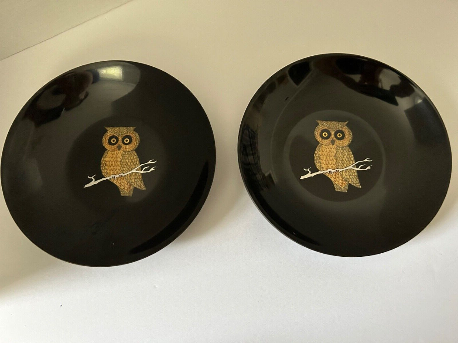 2 Couroc of Monterey Owl Tray Bowl 8” Round MCM Wood Copper Inlaid Vintage Black