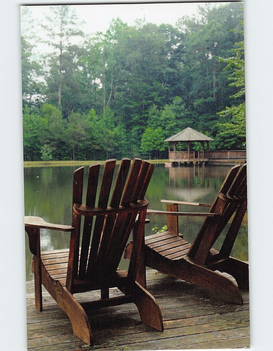 Postcard Wooden Chairs Lake Trees Gazebo Scenery