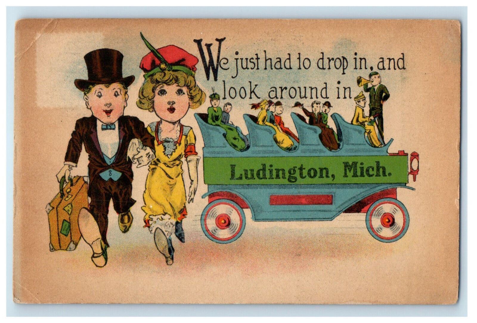 1915 Couple and Antique Car Ludington Michigan MI Posted Comic Postcard