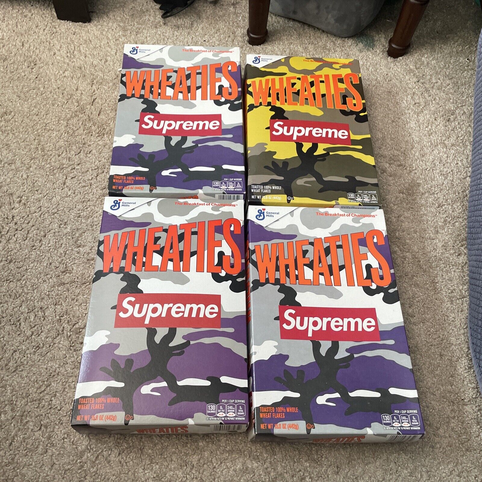 4 Boxes Of Supreme x Wheaties Cereal 3x  Purple 1x Yellow, Slight Box Damaged