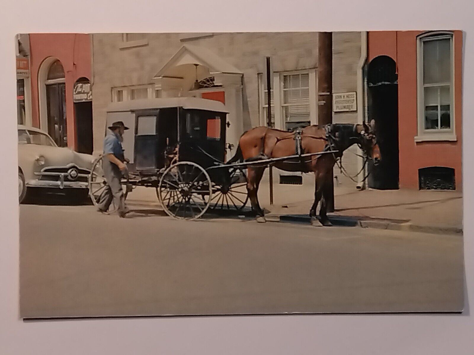Amish Man With A Horse And Buggy Going Through Town Lancaster County Postcard