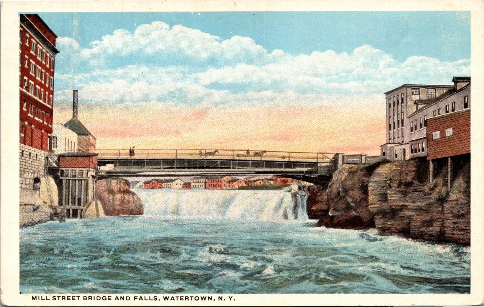Postcard NY Watertown Mill Street Bridge and Falls