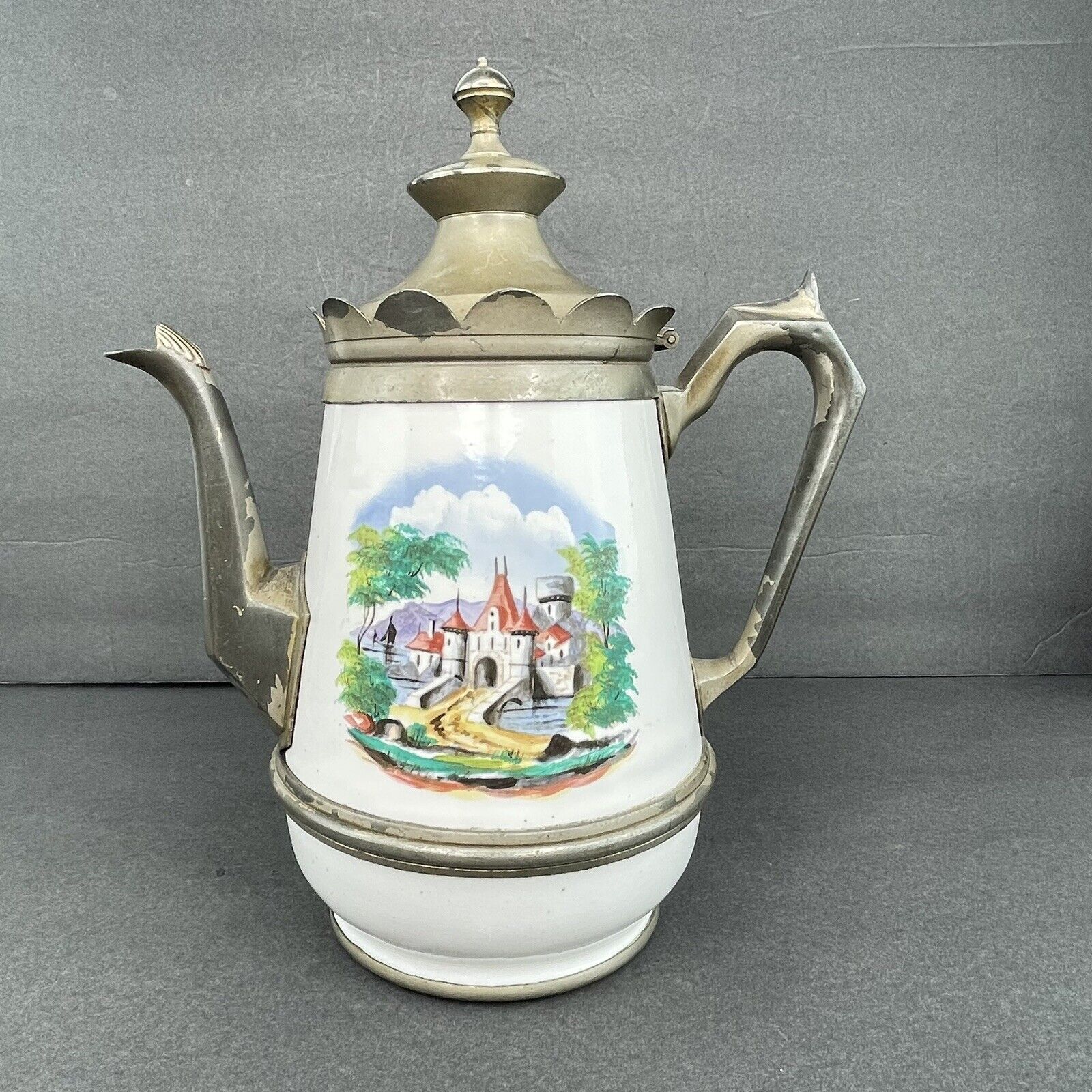 Antique Manning & Bowman Graniteware  Pewter Coffee/Tea Pot Castle Scene