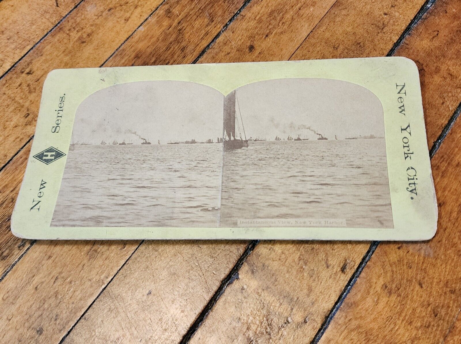 Antique Stereoscope Stereoview Card New York Harbor w Stea and Sailing Ships