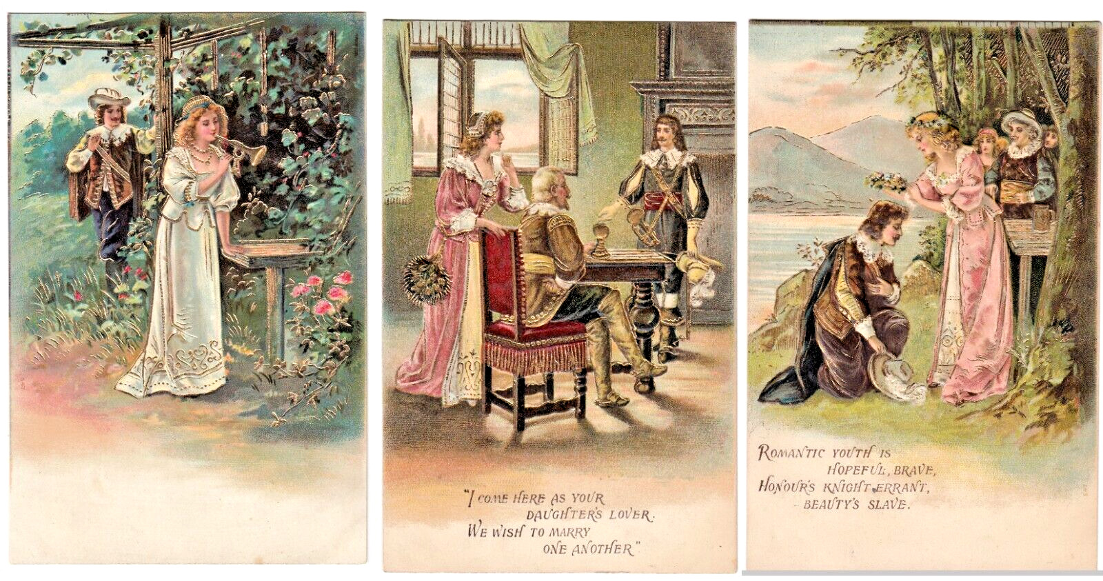 Renaissance Romance ~ Lot of 3 Vintage Embossed Romantic Love Postcards