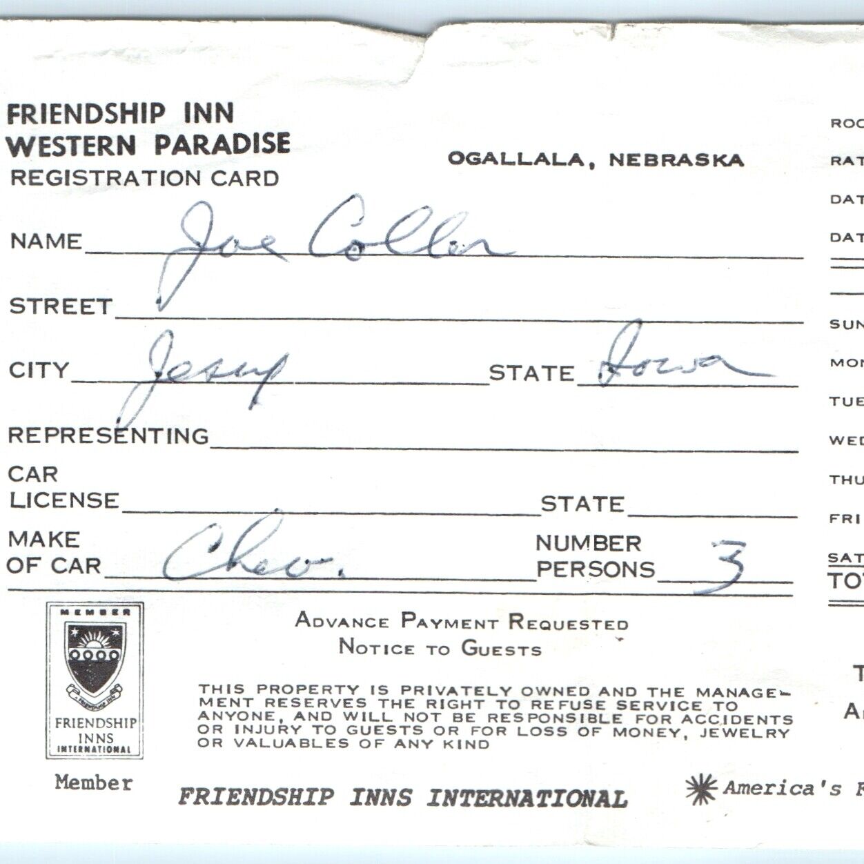 1975 Ogallala, Ne Hotel Registration Card Friendship Inn Western Paradise Vtg 2B