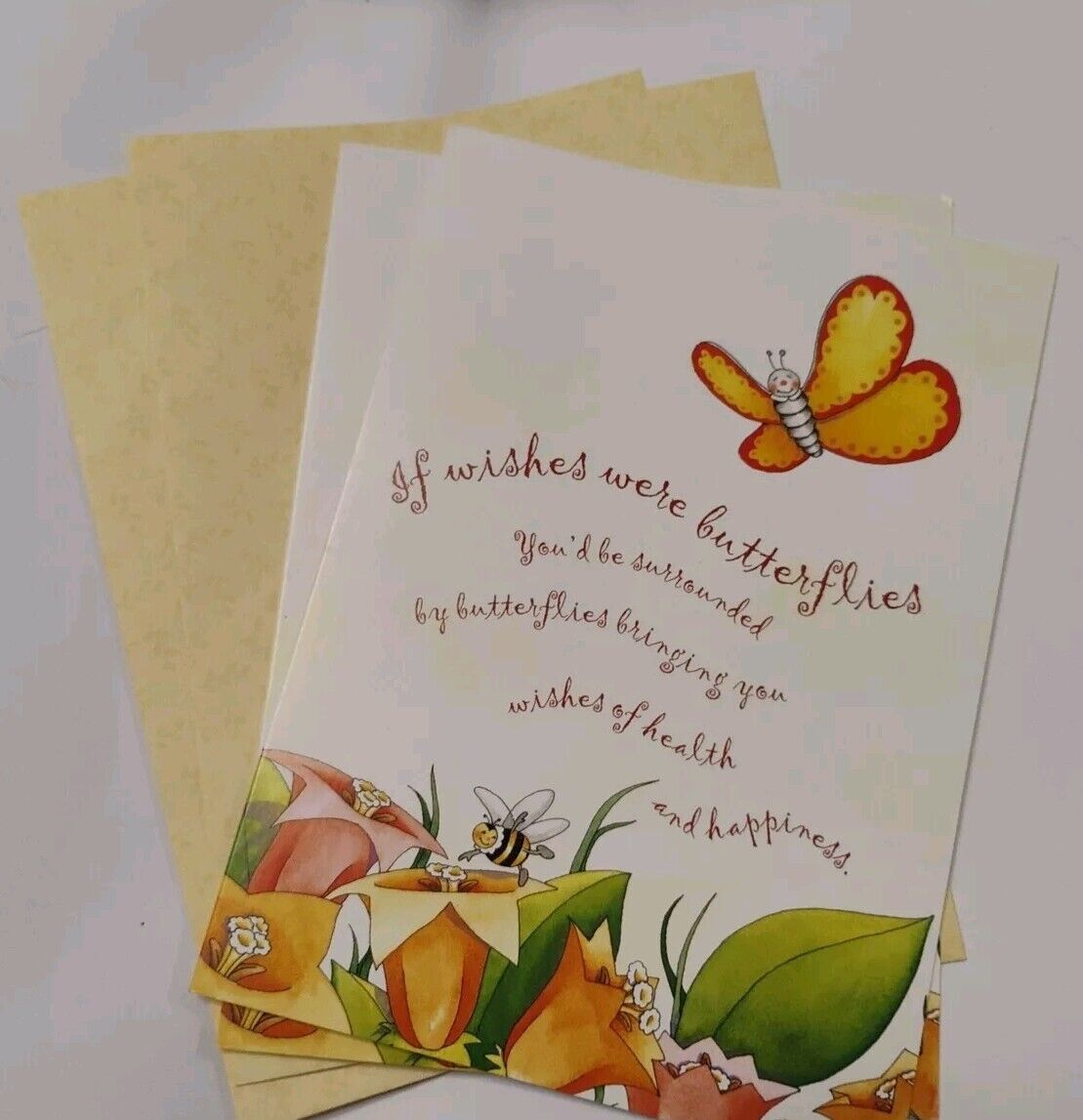 2 Get Well Soon Cards with Envelopes Recovery Sickness Surgery Butterflies Bees 